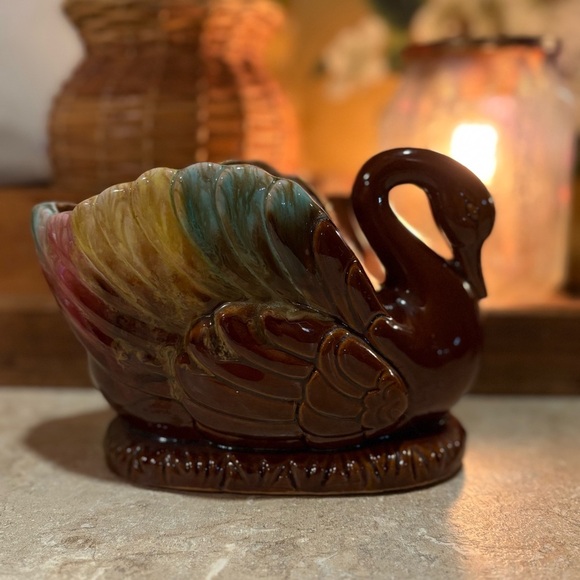 Brown and Blue Decorative Ceramic Swan Figurine Planter - Picture 4 of 12